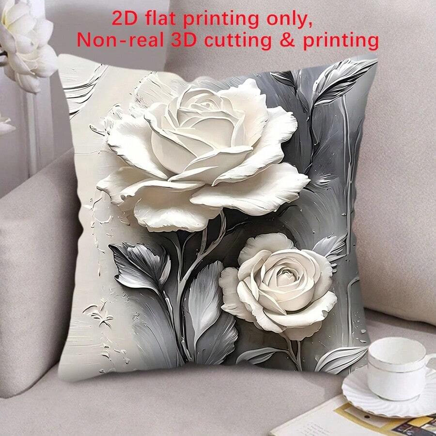 2D Printed, Non-Embroidered Elegant White Rose Throw Pillow Cover - Gray & White Abstract Floral Design, Zippered, Machine Washable Polyester, 17.7x17.7 Inches - For Living Room, Bedroom, Car Seat Decor (Pillow Insert Not Included), Decorative Cushion Cover - Black and White - View 1