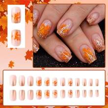 24 Pcs Fall Thanksgiving Orange Press On Nails Short Square - ZWENJIE Cute Glitter Fake Nails Press Ons Nail Art Tips With Autumn Leaves Lattice Design Full Cover Acrylic False Nails Glue On Nails Kit - Kiểu J08 - Xem 2