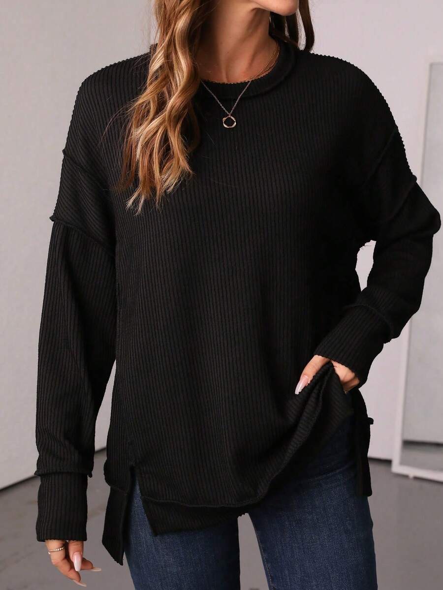 Women's Long Sleeve Shirt, Autumn Ribbed Loose Oversized Sweatshirt, Casual Side Slit Drawstring Waist Top Black Spring - Black - View 1