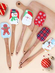6 Stücke Festliche Weihnachtsthemen Holzgriff Silikon Spatel - Cartoon Weihnachtsmann, Schneemann, Schneeflocken, Lebkuchenmann Muster, zum Backen, Kochen & Feiertags-Feiern (Geburtstag, Valentinstag, Erntedank, Weihnachten)