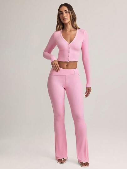 Women's Solid Color Casual V-Neck Long Sleeve Bodycon Wide Leg Pants Set