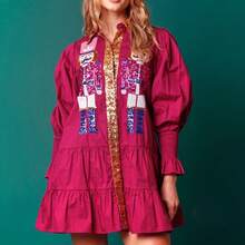 Awevudst Womens Christmas Button Down Shirts Dresses With Sequin Nutcracker Cartoon Character Button Up Tunics Long Sleeve Turn Down Collar Puff Sleeve Ruffle Hem Short Mini Dress - 紫紅色 - 查看 3