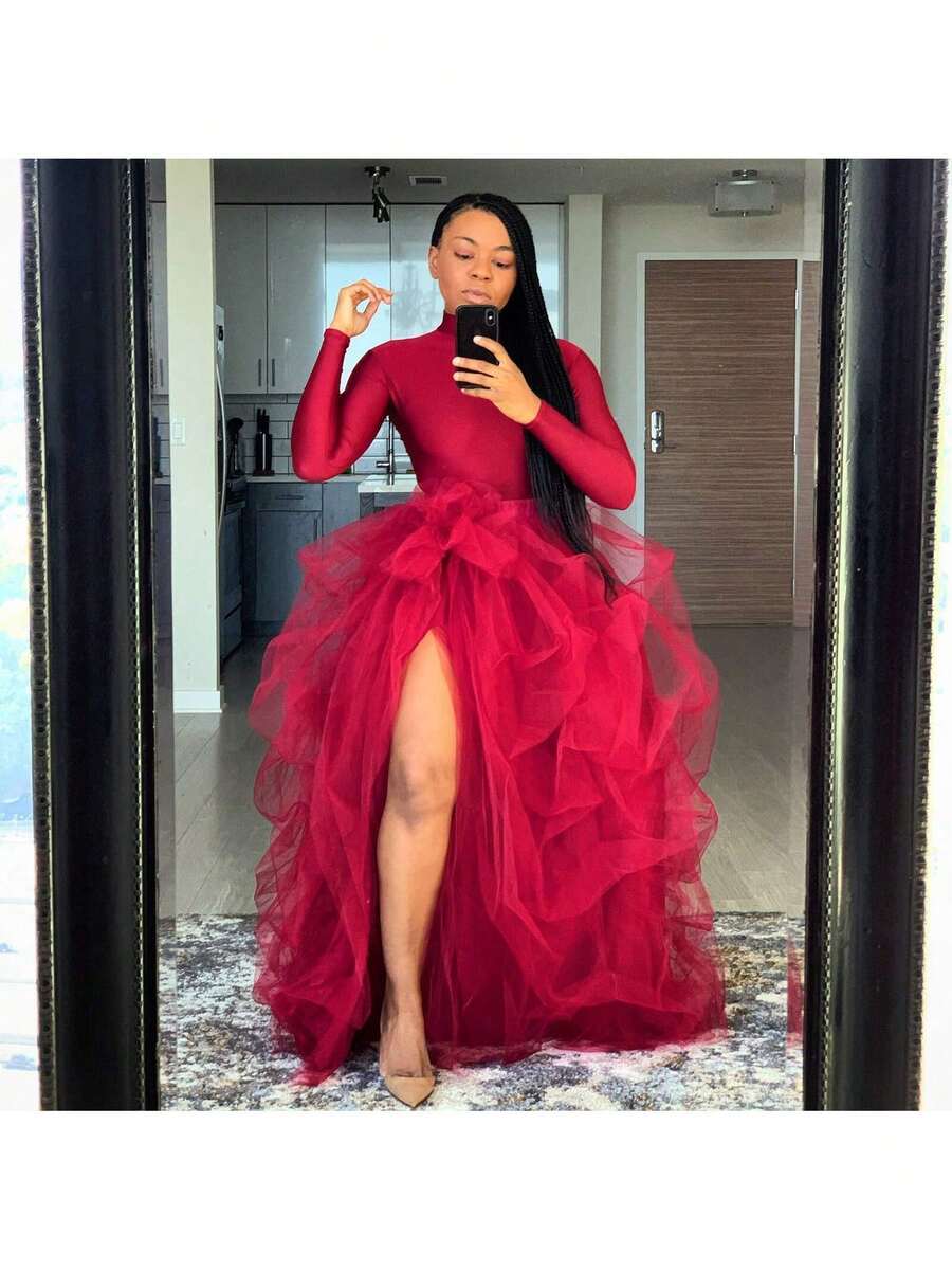 Women's Tulle Maxi Skirt Vestidos De Fiesta Elegantes Floor Length Layered Elastic High Waist Split Skirt A-Line Puffy Lace Mesh Tutu Skirt - Đỏ - Xem 1