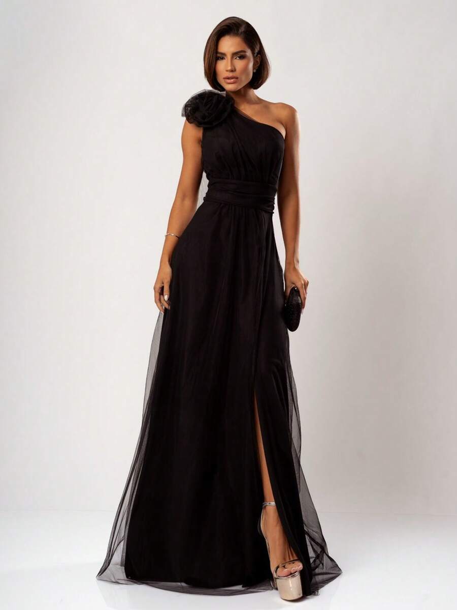 LONG WEDDING PARTY DRESS FOR GODMOTHER IN TULLE WITH FLOWER ON THE SHOULDER - BLACK - View 1