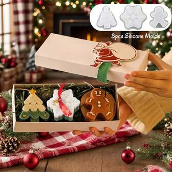 Set de 3 moldes de silicona con diseños navideños (árbol de Navidad, copo de nieve, hombre de jengibre) para hacer velas y jabones navideños, kit de manualidades para decoración del hogar y regalos festivos