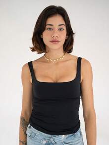 Square Neck Double Lining Tank Top Thick Suplex Straps - 黑色 - 查看 4