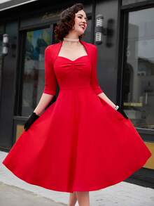 Vestido midi de baile estilo años 60 con cuello de corazón y vuelo en color rojo rosa vintage