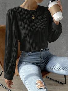 White Tops Fall Clothes For Women Textured Stripe Round Neck Bishop Long Sleeve Blouses