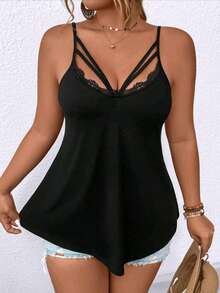 Elegant Lace Patchwork Hollow Out Camisole Tank Top | Plus Size Summer Clothes | Daily Vacation Comfortable Wear - 黑色 - 查看 3