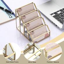4 Slots Glass Business Card Holder For Desktop, Golden Mirrored Business Card Display Stand, Multiple Clear Business Name Card Organizer Holder For Office Exhibition - Gold - View 3