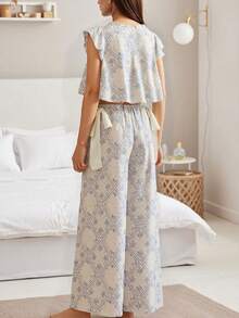 Women Y2K Floral 2Pcs Pajamas Set Ruffled V Neck Cap Sleeve Bow Tie Front Shirts Crop Tops And Side Bow Elastic Wide Leg Pants Sets Summer Fall Pj Sleepwear Loungewear Cute Two Pieces Pjs Matching Outfits - 藍白色 - 查看 4