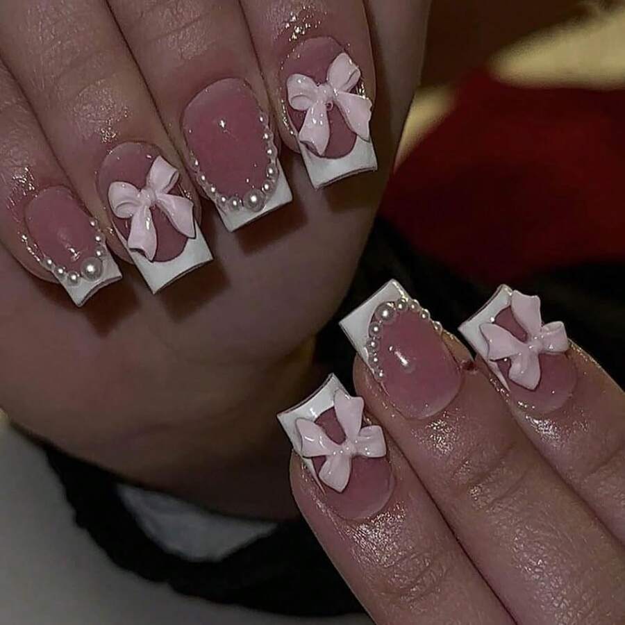 Short Press On Square Fake Nails - White French Tip, Pink Acrylic, Pearl Bow Charms Design - Glue On, Glossy Full Cover Stick On Nails - 24 Pcs - 粉色 - 查看 1