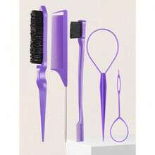 5Pcs Hair Styling Comb Set With Topsy Tail Tool, Teasing Bristle, Rat Comb For Women Women Hair Styling, Flyaways Control And Edge Combing - Pink - View 5