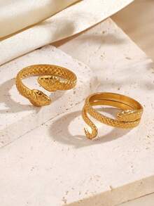 2 件不锈钢 18K 镀金简约蛇形戒指，适合女性日常佩戴 - 彩色 - 查看 4