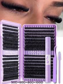 640 Pcs 50D+60D+80D+100D Curl Individual False Eyelash Extensions, Thick, Fluffy & Voluminous, Cat Eye & Cluster Style, Segmented Design - Ideal For DIY Makeup, Beginner-Friendly, Reusable, Fluffy Lashes, Dramatic Lashes, Volume Lashes, Perfect For Halloween, Christmas & Party Looks - 紫色 - 查看 2