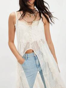 Camisola de encaje para mujer, blusa de verano con flores estilo bohemio, transparente, con botones al frente, dobladillo largo con volantes, camisa de malla sin mangas - Beis - Ver 5