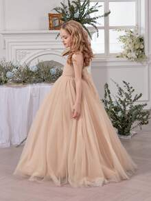 少女金色肩部网纱蝴蝶结优雅圣诞派对礼服，公主裙，适合女孩生日礼物、派对、婚礼花童、伴娘、感恩节、毕业典礼等场合