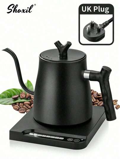 shoxil 1件装 1000毫升鹅颈电水壶，咖啡壶，恒温电热水壶，倒茶壶。快速加热电水壶，自动控温恒温，一键自动关机，保温不锈钢材质，黑色，（220V/1000W），适用于家庭厨房咖啡角