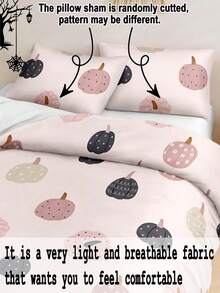 3pcs Hand-Painted Cartoon Pink Autumn Pumpkin Printed Duvet Cover Set (1 Duvet Cover + 2 Pillowcases, No Filler), Everyday Polyester Soft And Skin-Friendly For Bedroom - Multicolor - View 6