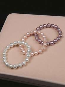 3 colores Elegante pulsera de perla de concha de estilo marinero | Pulsera elástica de cuentas redondas versátil y de moda | Simbolizando elegancia noble, amarillo, morado y blanco, regalo perfecto para mamá o novia en el Día de San Valentín, cumpleaños, hermosa pulsera para el Día de San Valentín, cumpleaños