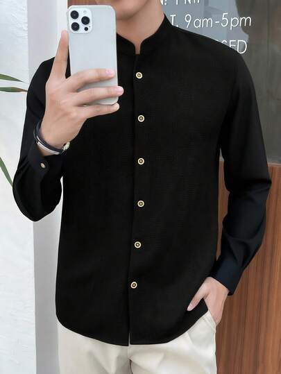 男士时尚商务正装衬衫 - 修身剪裁，抗皱，100% 涤纶，四季皆宜，梭织，120 GSM 面料重量，略有弹性，宽角领，成人尺码