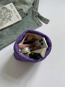 Bolsa de maquillaje con patrón de cuadrícula de moda, embrague casual, bolsa acolchada y cálida con costura elástica, organizador de maquillaje, bolsa de maquillaje pequeña y acogedora para - Morado - Ver 4