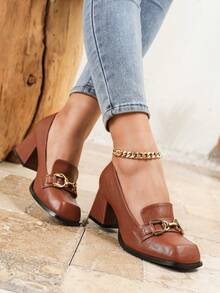 小号女士粗跟玛丽珍鞋，舒适方头连衣裙鞋，金属搭扣装饰，适合派对、办公室、日常穿着，锈棕色，优雅，女士鞋履，乐福鞋 - 鏽棕色 - 查看 4