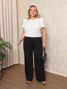 ONLYONE - PLUS SIZE WOMEN'S BLOUSE, SHORT SLEEVE, PRINCESS, PLEATES, LIGHT DUNES NECKLINE - ELEGANT WOMEN'S BLOUSES, LARGE - White - View 5