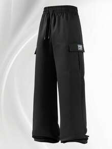 A Pair Of Black-Label Cargo Wide-Leg Pants, Loose Straight-Leg Trousers, Casual Pants With Large Pockets. They Are Full Of Relaxed Vibe When Going Out And Are Essential For Daily Wear. - Black - View 7