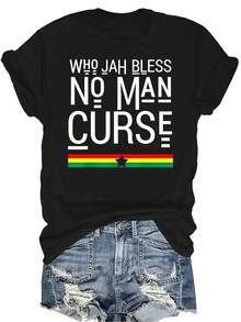 Camiseta unisex de verano casual, transpirable y de personalidad con cuello redondo y manga corta, con estampado de "No maldiga, bandera, raíces reggae, Jamaica". Adecuada para adolescentes y adultos. - Negro - Ver 1