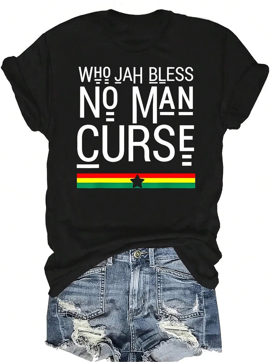 Camiseta unisex de verano casual, transpirable y de personalidad con cuello redondo y manga corta, con estampado de "No maldiga, bandera, raíces reggae, Jamaica". Adecuada para adolescentes y adultos. - Negro - Ver 1