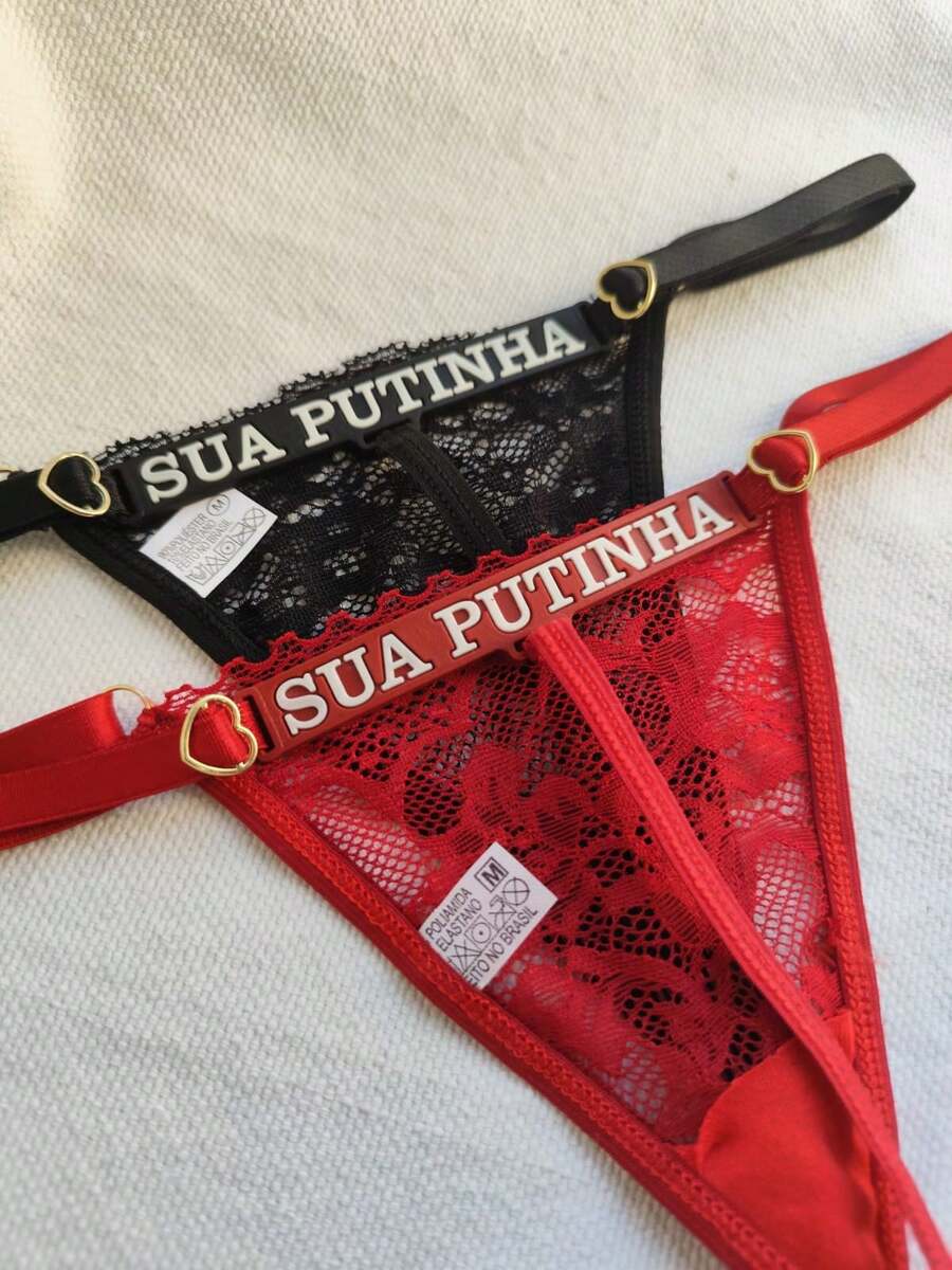 Sexy Lace Thong Panty With Neon Phrase S.Ua P.U.T.I.N.Ha Glows In The Dark - 紅色 - 查看 1