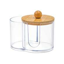 1Pcs Soporte para hisopos de algodón, Dispensador de hisopos de algodón con tapas de bambú, Frascos de almacenamiento de baño de bambú, Contenedores de almacenamiento de plástico transparente - 03 - Ver 9