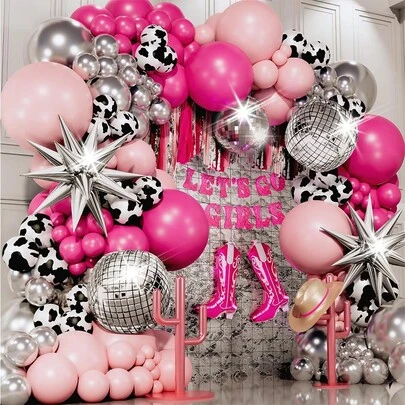 Bộ trang trí cổng bóng bay chủ đề cao bồi 123 món, màu hồng đậm, bạc, in hình bò sữa, bóng bay cao su và bóng bay hình ủng, thích hợp cho tiệc độc thân, tiệc mừng em bé, tiệc disco, tiệc sinh nhật, tiệc theo chủ đề miền Tây, tiệc cuối năm, tiệc chia tay độc thân, tiệc mừng em bé, tiệc disco.
