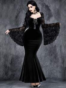 Women's Gothic Dark Sexy Elegant Romantic Retro Gorgeous Lace Splicing Hollow Metal Rope Bow Tie Witch Sleeve Halloween Role Playing Velvet Party Dress, Valentine's Day Wedding Black - Black - View 7