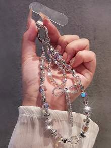 女士蝴蝶装饰手机挂绳，精致水晶吊坠腕短串珠配饰，户外旅行购物防丢手机带，时尚手机壳挂绳 - 彩色 - 查看 12