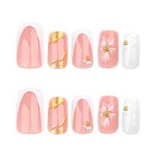 Square Press On Nails Medium Short Fake Nails White French Tip False Nails With 3D Flower Wave Design Glue On Nails Full Cover Stick On Nails Gold Line Acrylic Nails For Women Manicure 24Pcs - 金色 - 查看 5