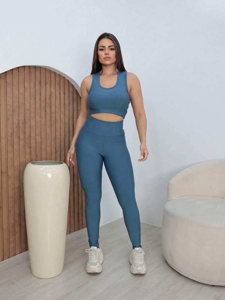SHOWOFF Women's Gym Fitness Set - Sports Top + Thick High Waist Leggings With Super Elastane - 寧靜藍 - 查看 1