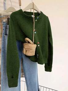 Plus Size Women Colorful Button Casual Long Sleeve Cardigan Round Neck Sweater, Autumn/Winter - Olive Green - View 2