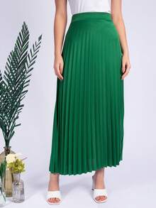 Long Pleated Skirt, Plain, Fashion 2025 - 綠色 - 查看 3