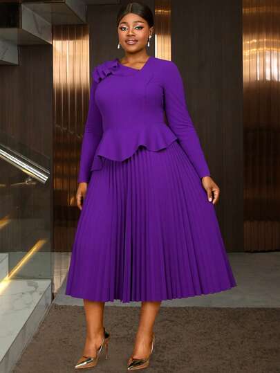 green emerald velvet dress Long Pleated Plus-Size Formal Dress with Long Sleeves PromGirl