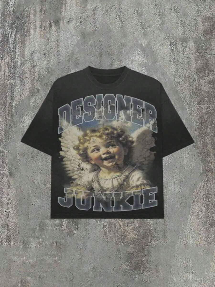 (180 Cotton T-Shirt) Men's Casual Soft 100% Cotton Full Collar Round Neck Short Sleeve T-Shirt With Portrait And Letter Printing