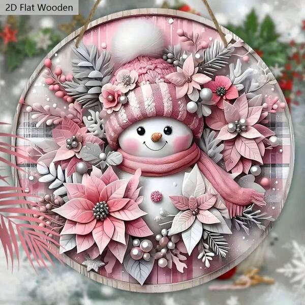 1pc 2D Wooden Pink Christmas Snowman Design Decorative Plaque With "Merry Christmas" Text, Ideal Christmas Decoration For Front Door Wall Hanging Home Decor Christmas Decorations Room Decor
