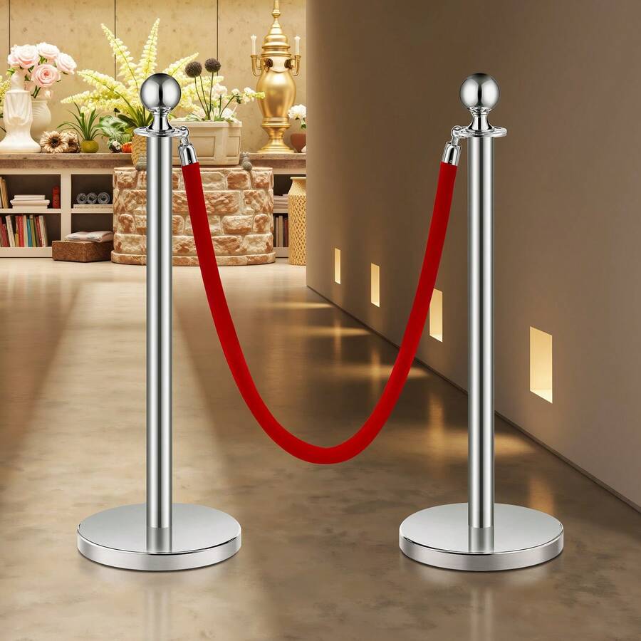 Stanchion Post, 4 Pcs Crowd Control Barrier Set With 2 Ropes, 5 Ft Stainless Steel Silver Stanchion Post Queue With Sand Injection Hollow Base For Theater, Party, Wedding, Exhibition - Multicolor - View 1