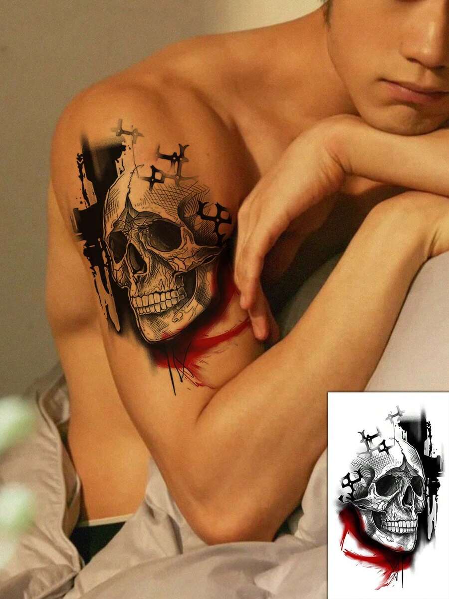 1pc Fashionable Skull Temporary Tattoo, Multipurpose Unisex One-Time Tattoo Sticker, Easy To Apply And Remove, Suitable For Body Art Fake Tattoo Stickers For Men And Women, Ideal For Halloween Party Art Decoration DIY Gift Stickers