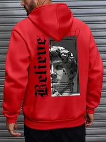 Men's Fashionable Hooded Sweatshirt, David Graphic Print Hoodie - Red - View 1