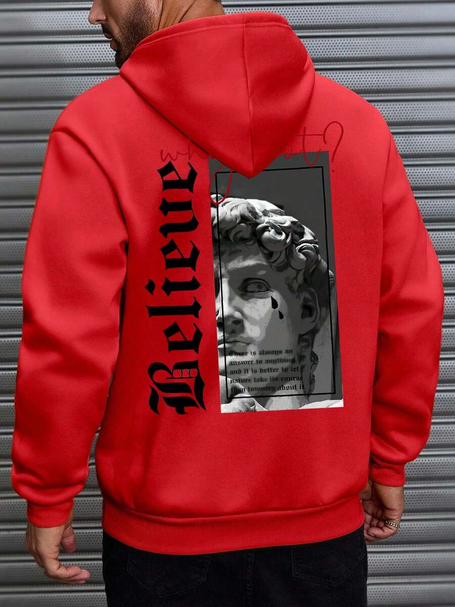 Men's Fashionable Hooded Sweatshirt, David Graphic Print Hoodie - Red - View 1