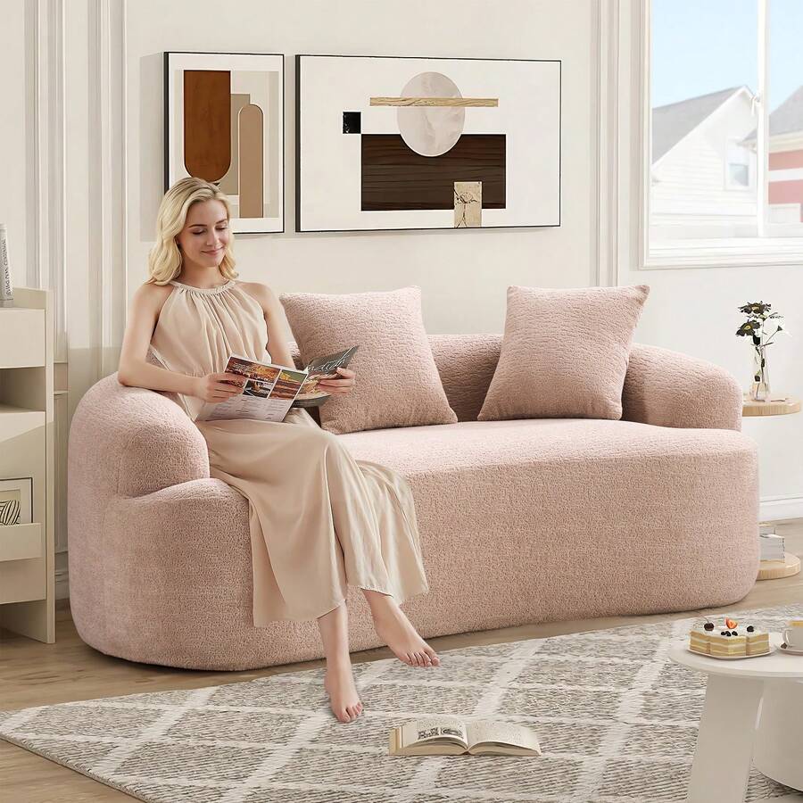 65" Curved Small Loveseat Sofa,Cozy Chenille Upholstered Couch With 3 Pillows,Modern Deep Seat Cloud Couch Memory Foam Compression Sofa,For Living Room Apartment Office,No Assembly Needed - 米色 - 查看 1