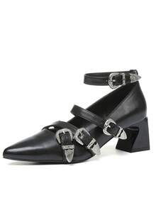 Punk Mary Jane Pumps Women Block Chunky Heel Metal Buckle Ankle Strap Heels Gothic Y2k Street Holloween Cosplay Daily Shoes - 黑色 - 查看 2