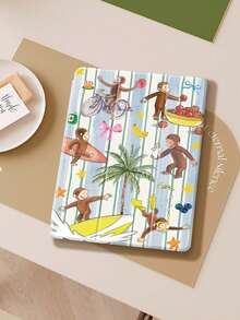 Blue And White Stripes And A Monkey IPad Case Compatible With IPad Air 4/5 10.9 Inch, IPad 7/8/9th 10.2 Inch, Built-In Pencil Slot Compatible With Samsung Tab S6 10.4 Inch, Tab A7 Lite 8.7 Inch, Ins Style Leather Case, Back To School, Valentine's Day, New Year Gift